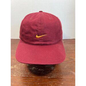 Vintage Nike Maroon Adjustable Strapback Hat With Embroidered Yellow Swoosh Logo